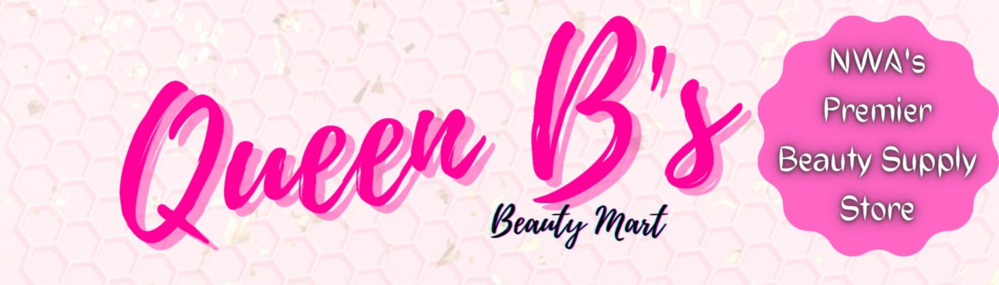 Logo for Queen B's Beauty Mart with pink text and a decorative background.